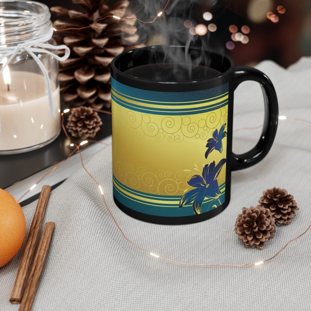 11oz black mug “Blue-yellow lily”