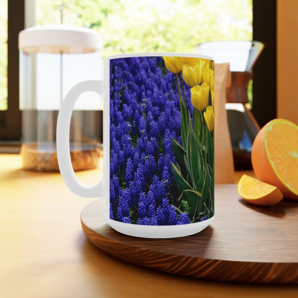 white ceramic mug “Blue-yellow tulips”