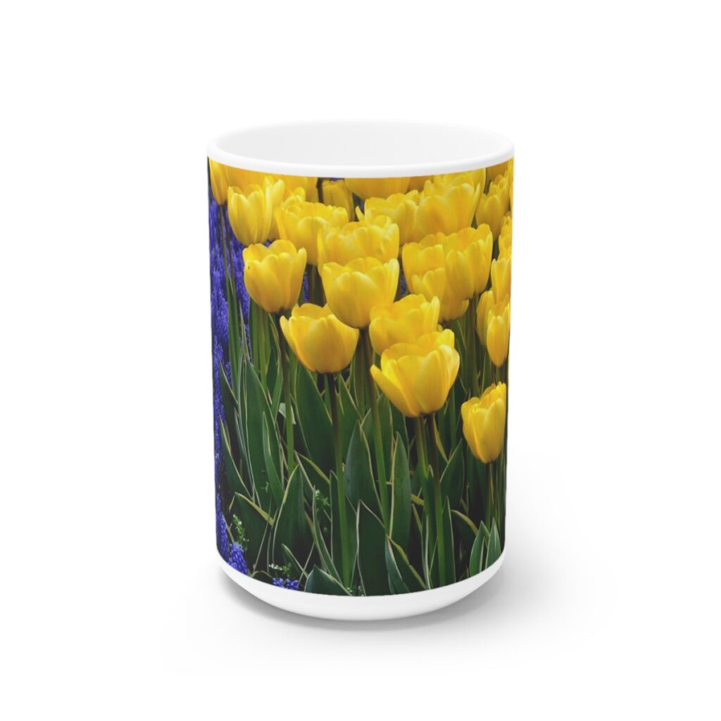 white ceramic mug “Blue-yellow tulips”