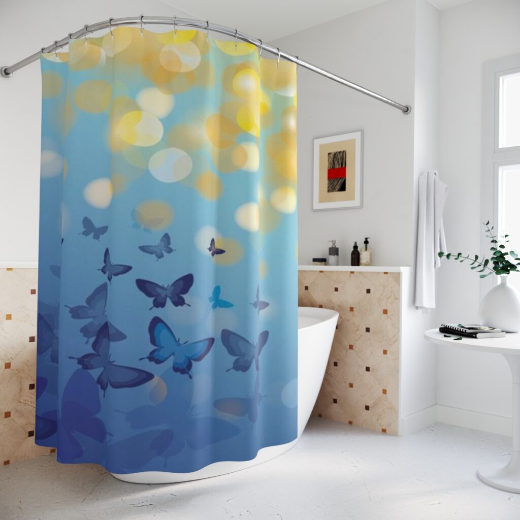 polyester shower curtain “Blue and yellow butterflies”