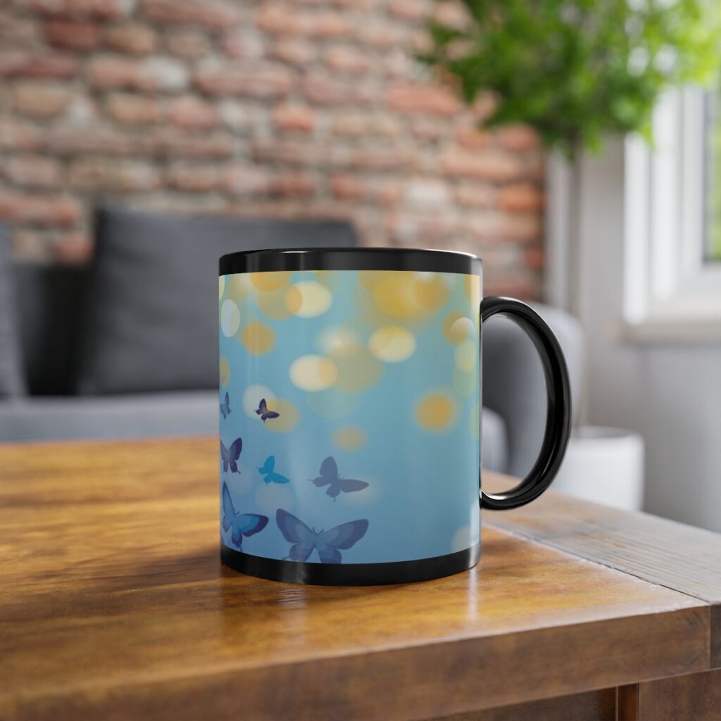 black coffee cup “Blue and Yellow Butterflies”