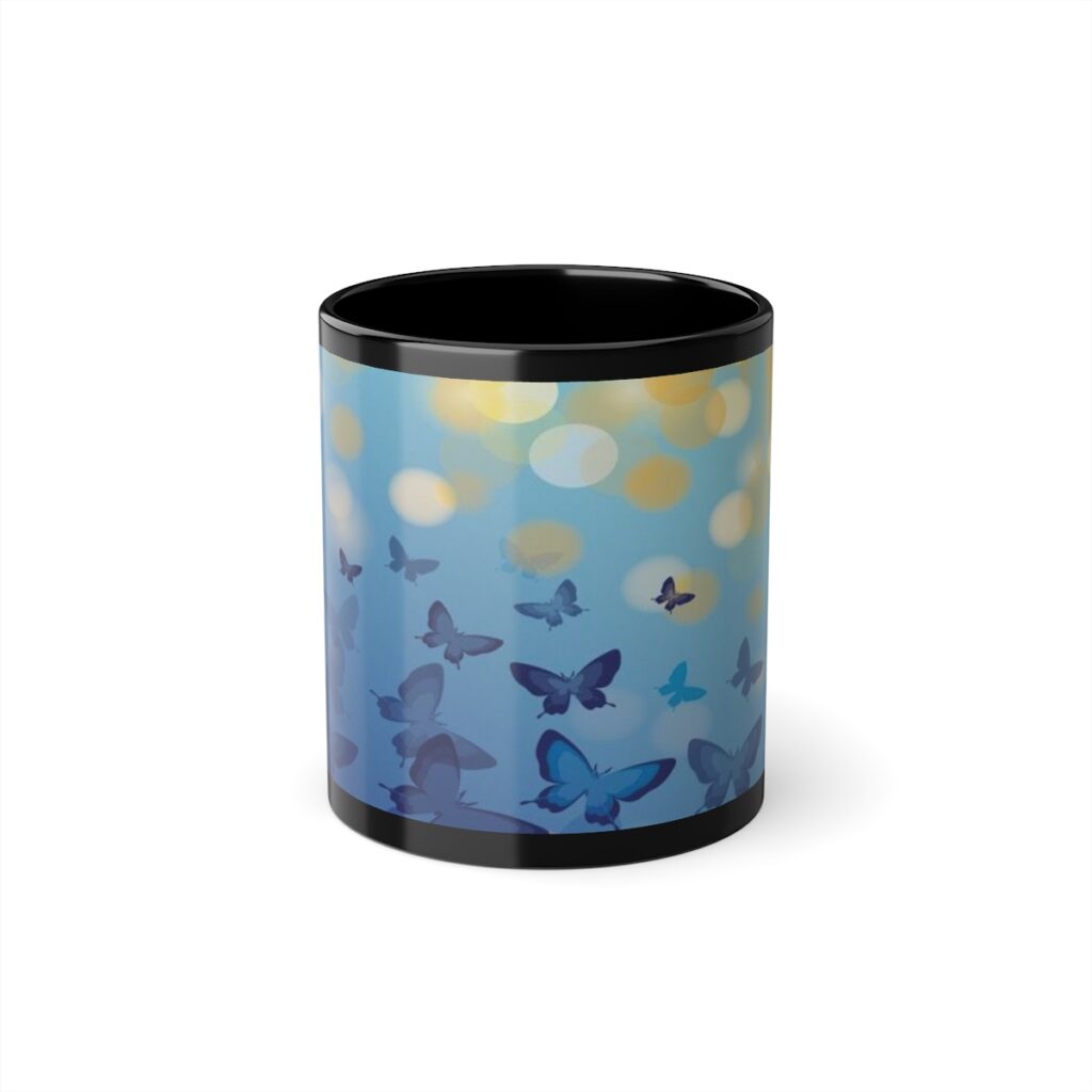 black coffee cup “Blue and Yellow Butterflies”