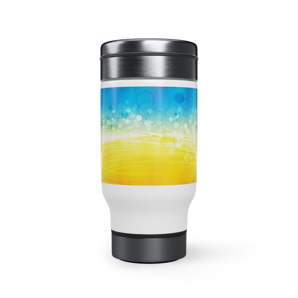 stainless steel travel mug with handle “Blue-yellow”