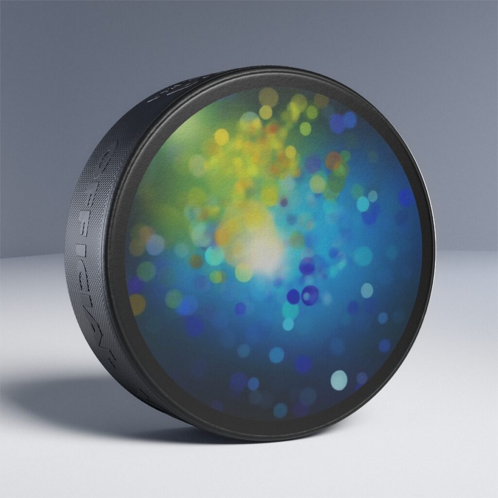 hockey puck “Blue and Yellow Glitter”