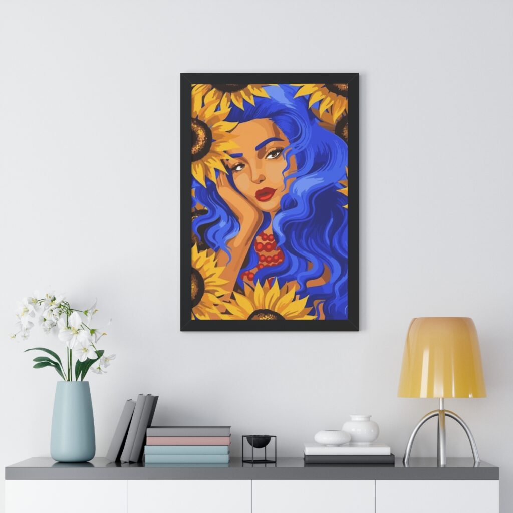 framed vertical poster “Ukrainian woman with sunflowers”