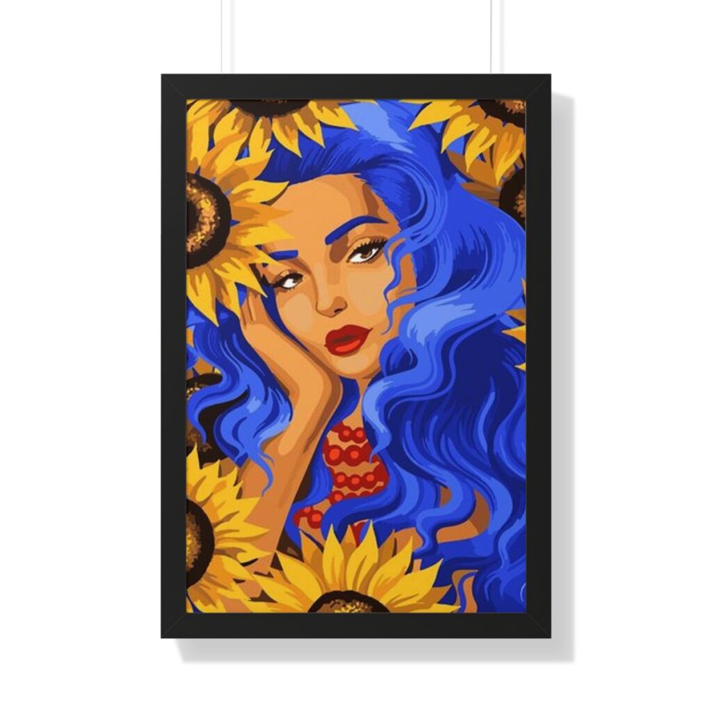 framed vertical poster “Ukrainian woman with sunflowers”