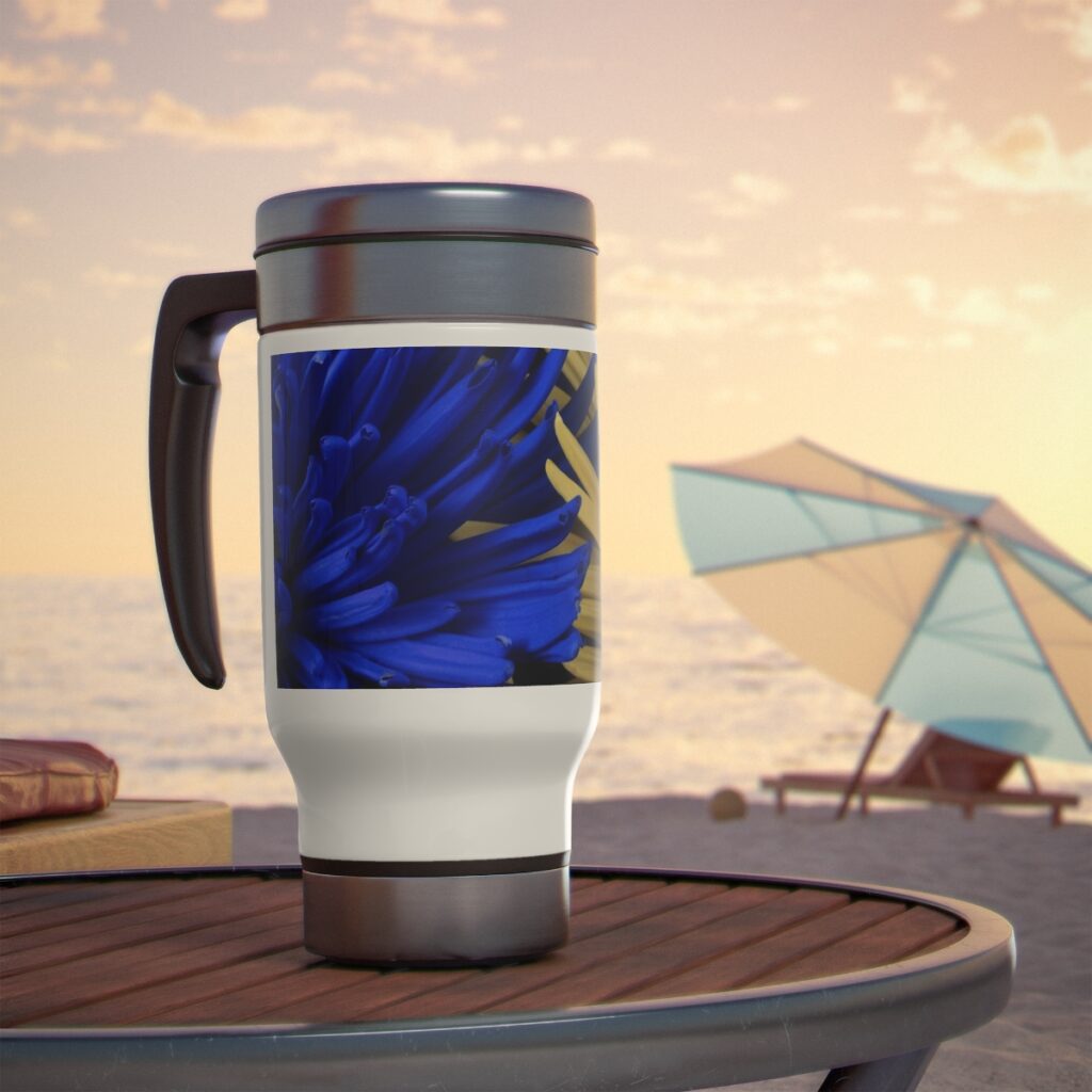 stainless steel travel mug with handle “Blue-yellow flowers”