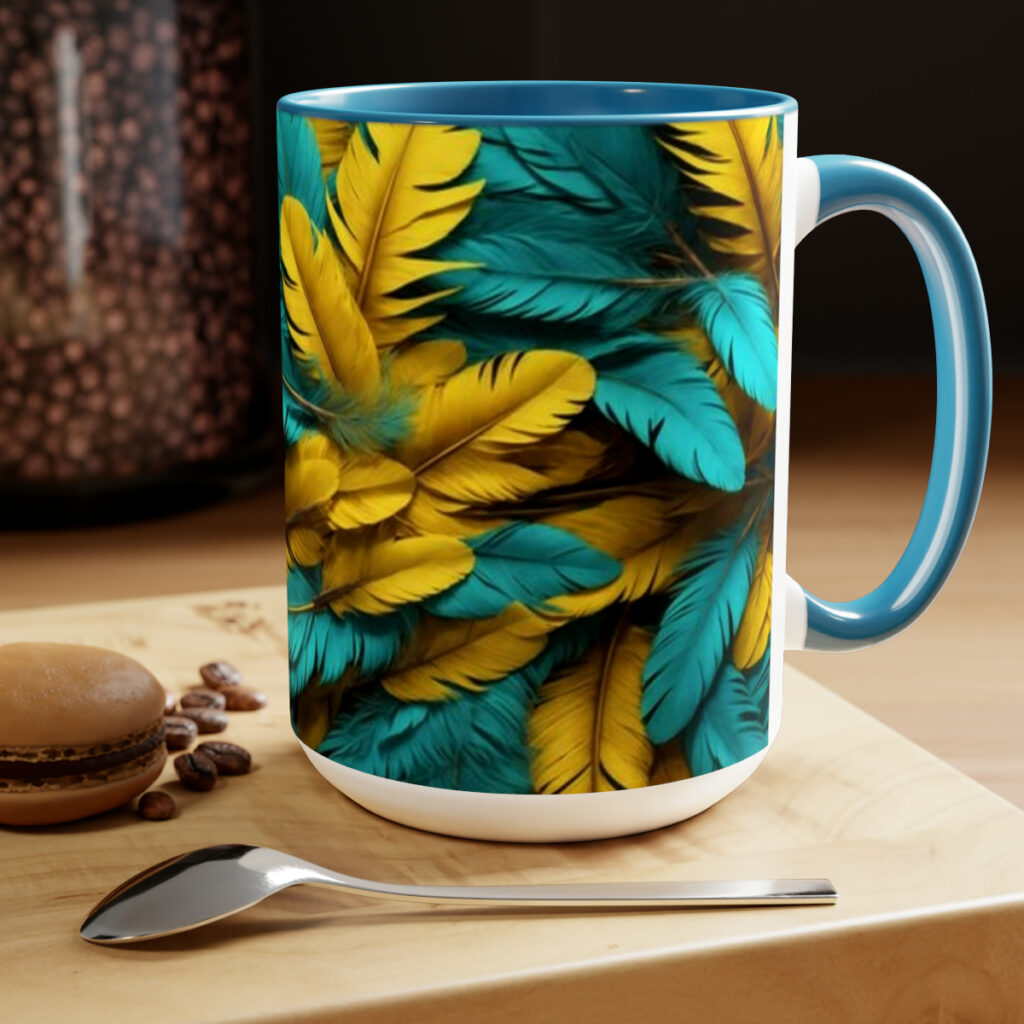 two-tone coffee mugs “Blue and Yellow Feathers”