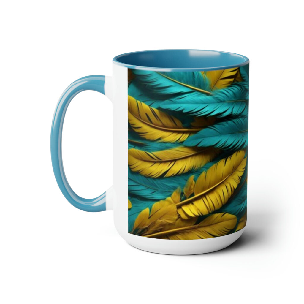 two-tone coffee mugs “Blue and Yellow Feathers”